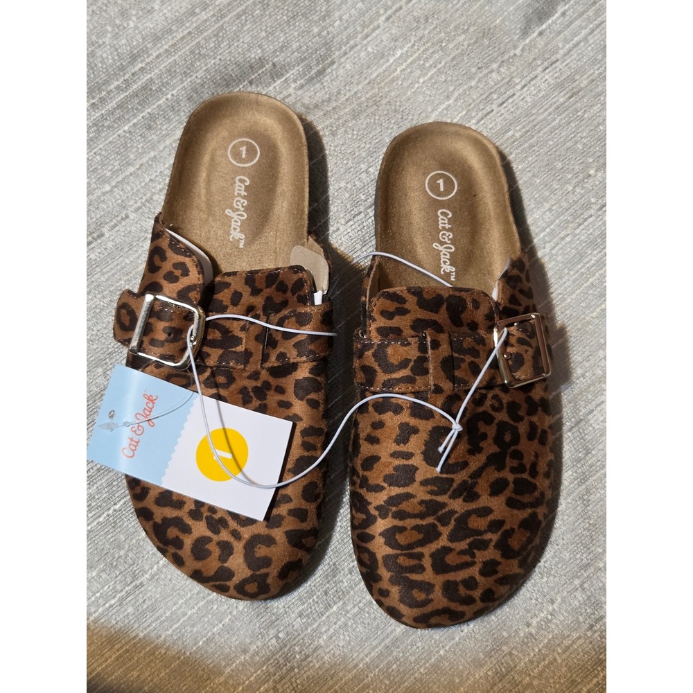 Cat & Jack Kids Leopard Print Clog Mules Brown Animal Print Buckle Shoes Size 1